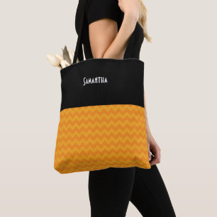 Tote Bag Halloween Rétro Orange Chevron Nom Noir
