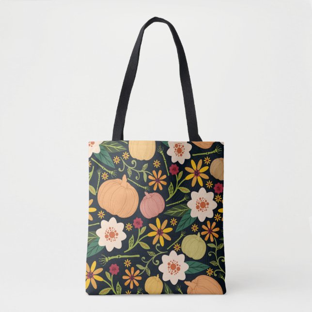 Tote Bag Halloween sans couture motif avec fleurs, citrouil (Devant)