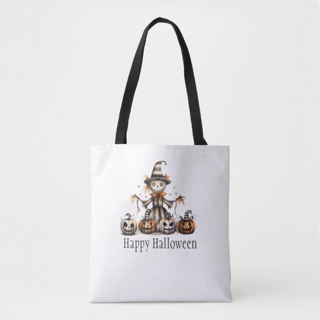 Tote Bag Halloween Scarecrow Design avec Jack-o-Lanterns | (Devant)
