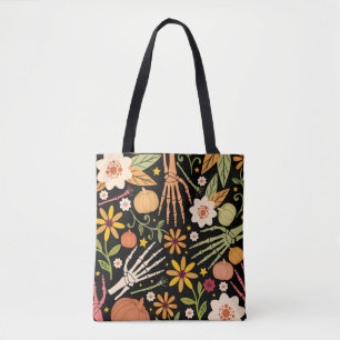 Tote Bag Halloween seamless pattern with bones and floral e
