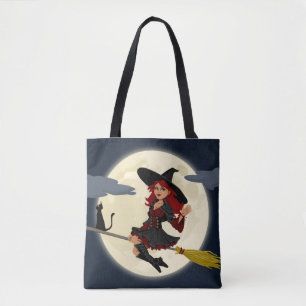 Tote Bag Halloween sorcière, chat et lune