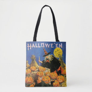 Tote Bag Halloween, sorcière & Citrouille à l'ancienne