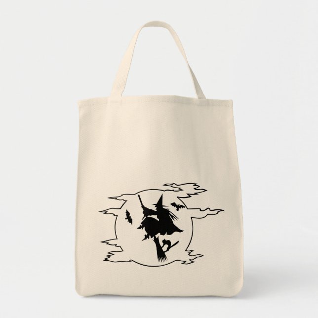 Tote Bag Halloween sorcière pilon à balai avec chat et chau (Devant)