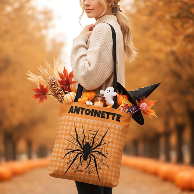 Tote Bag Halloween Spider in Cobweb Orange Gingham Plaid (Créateur téléchargé)