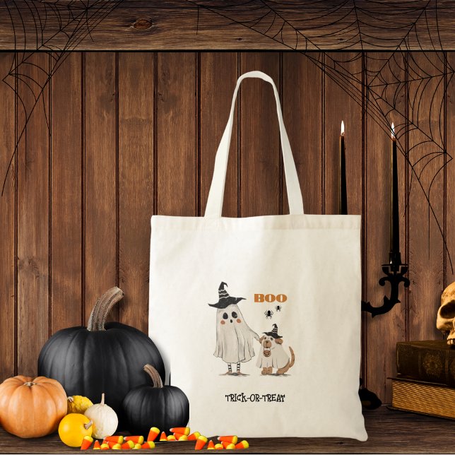 Tote Bag Halloween Trick ou Treat Ghost Chien personnalisé (Go trick or treating with this adorable ghost and ghost dog tote. Boo! Customize it!!)