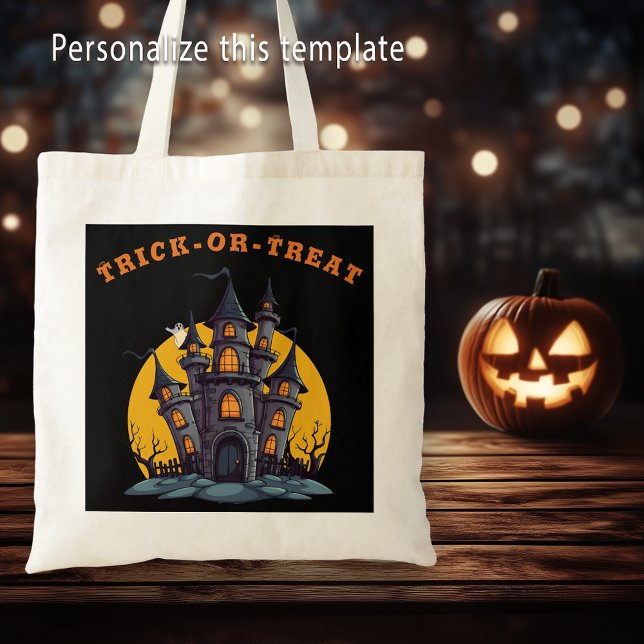 Tote Bag Halloween Trick Ou Treat Haunted House (Halloween Trick Or Treat Haunted House Tote Bag)