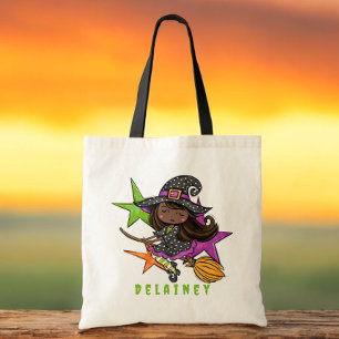 Tote Bag Halloween Trick ou Treat Witch Black Stars personn