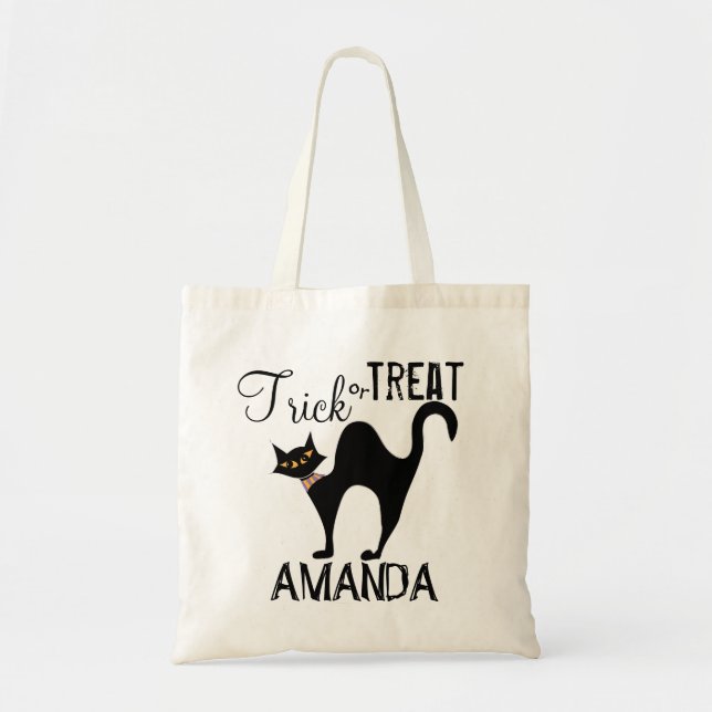 Tote Bag Halloween Tricoter Ou Traiter Éffrayant Chat Noir  (Devant)