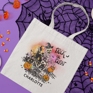 Tote Bag Halloween Tricoter Ou Traiter Skeleton Nom Du Bonb
