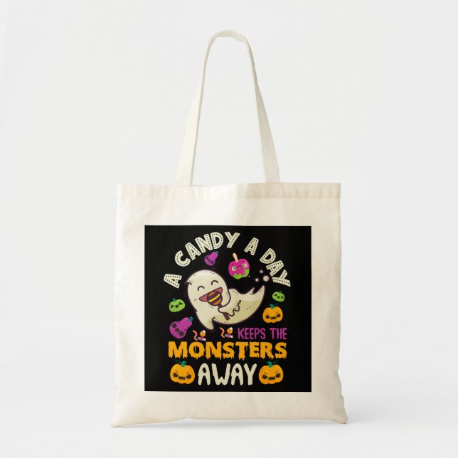 Tote Bag Halloween Un Bonbon Par Jour Empêche Les Monstres (Devant)