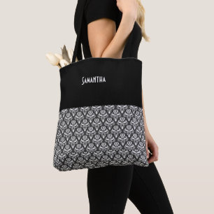 Tote Bag Halloween Vintage Victorian Damask Blanc Nom noir