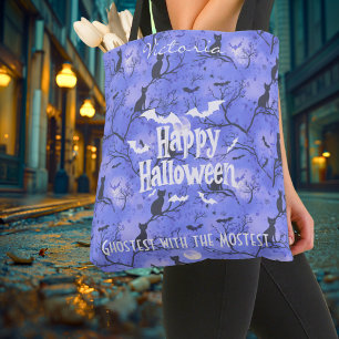 Tote Bag Halloween violet avec des chats et des chauves-sou