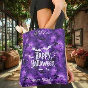 Tote Bag Halloween violet avec des chauves-souris et des so