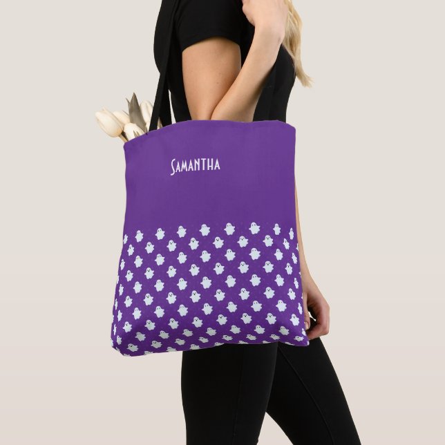 Tote Bag Halloween violet avec mignon blanc Fantômes Nom (De près)