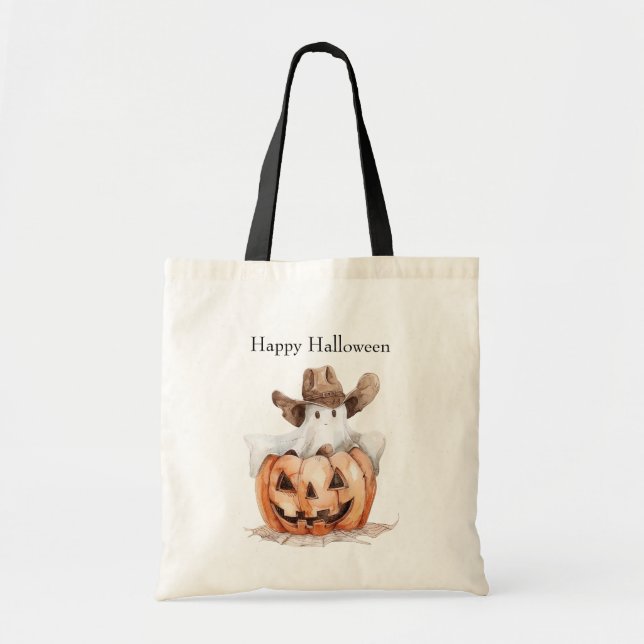 Tote Bag Halloween Western Brown Cowboy Ghost Pumpkin (Devant)