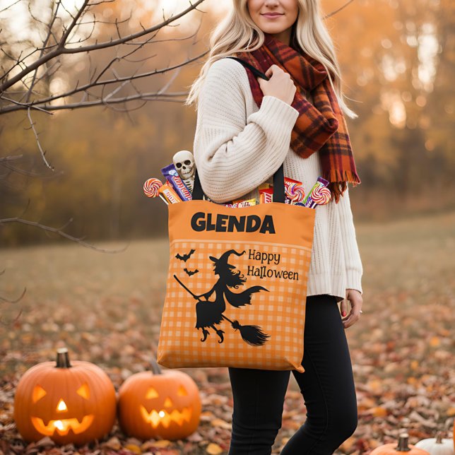Tote Bag Halloween Witch & Bats Orange Plaid Custom Name (Créateur téléchargé)