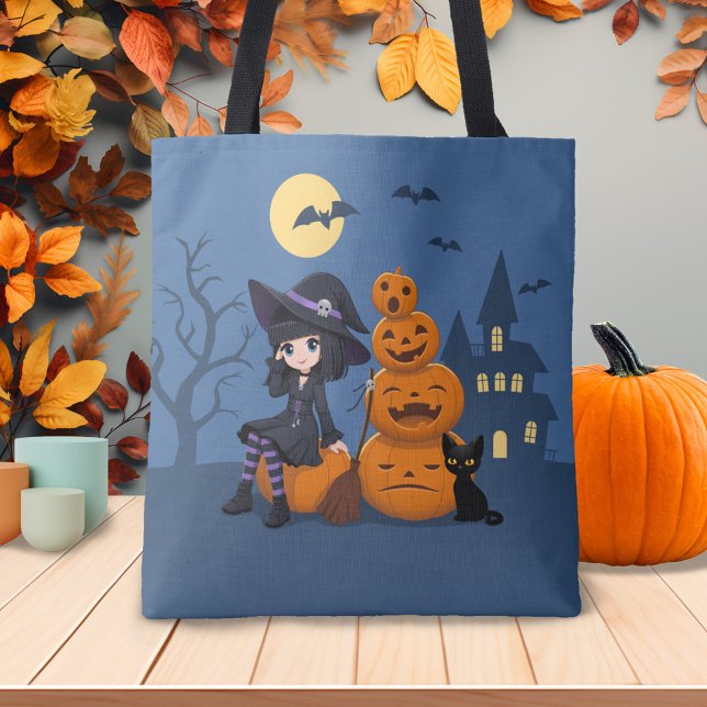 Tote Bag Halloween Witch, Chat noir et Citrouille (Créateur téléchargé)