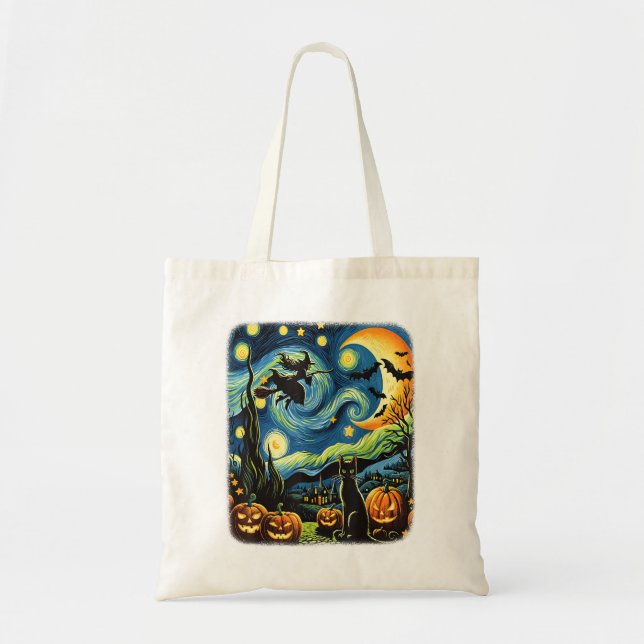 Tote Bag Halloween Witch Van Gogh Starry Night Black Cat Pu (Devant)