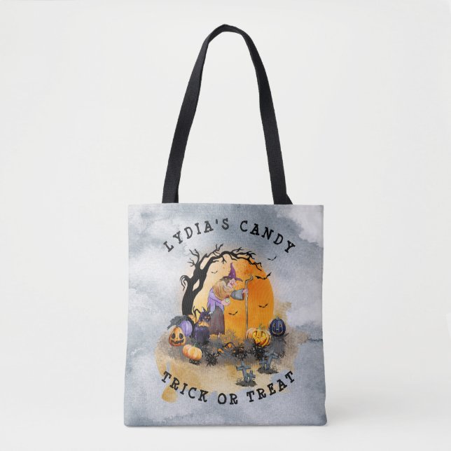 Tote Bag Halloween Witch Woods Scene ou Treat (Devant)