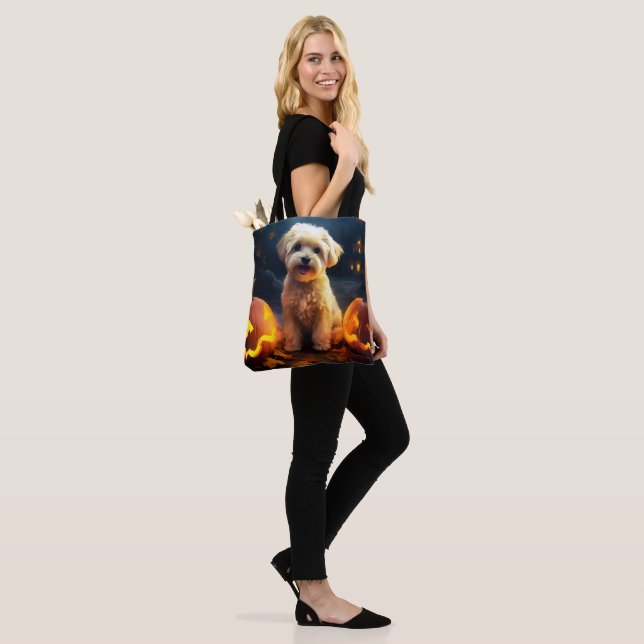 Tote Bag Halloween Yorkipoo Avec La Peur Citrouille (Sur le modèle)