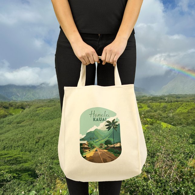 Tote Bag Hanalei Kauai Hawaii Bay Mounts Green (Hanalei, on Kauai's North Shore  in Hawaii, depicted on a retro design tote bag, and lush mountains)