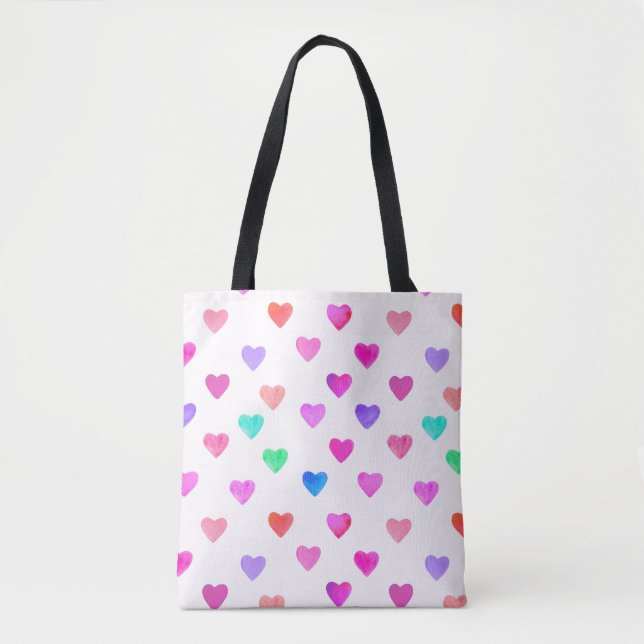 Tote Bag hand painted watercolor hearts pattern Valentine's (Devant)