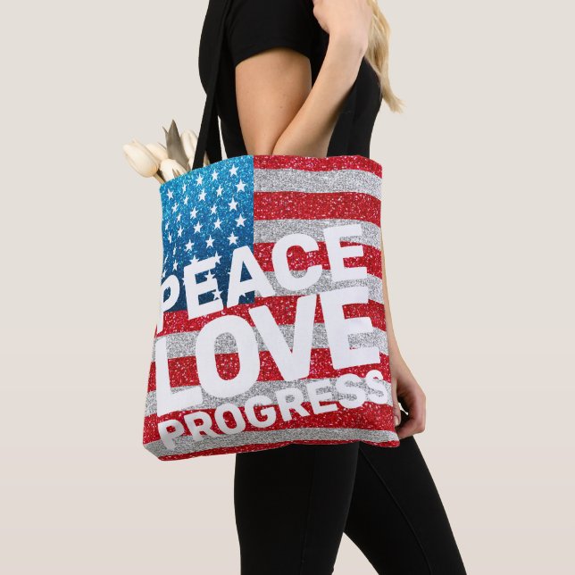 Tote Bag Hands off Peace Love Progress America Parties scin (De près)