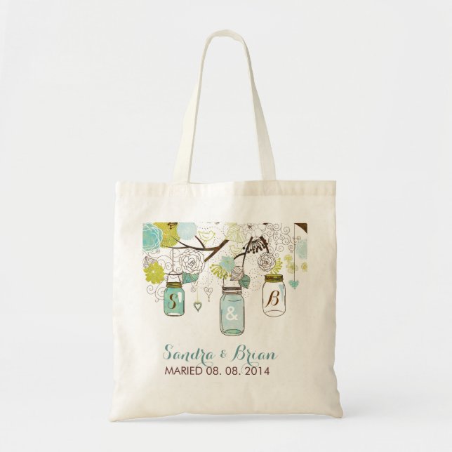 Tote Bag Hanging Mason Jar 2 & Fleurs Rétro Design Mariage (Devant)
