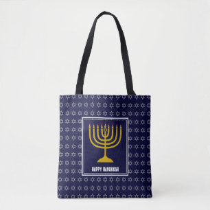 Tote Bag HANOUKKA Menorah Star David Personnalisé Navy Blue