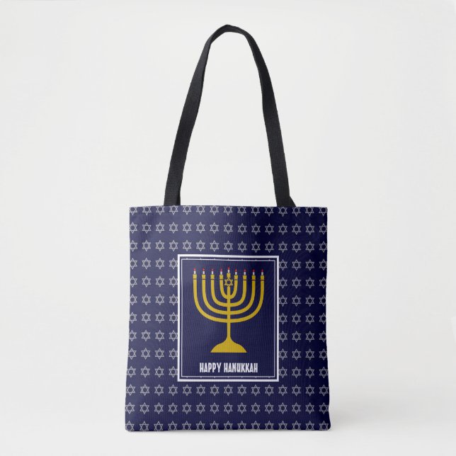 Tote Bag HANOUKKA Menorah Star David Personnalisé Navy Blue (Devant)