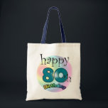 Tote Bag Happy 80th Birthday<br><div class="desc">Joyeux 80e anniversaire,  souris comme cadeau pour quelqu'un qui a 80 ans. Couleurs arc-en-ciel. 80 est en bleu.</div>