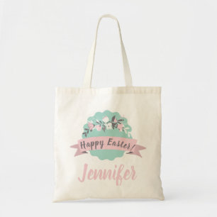 Tote Bag Happy Easter Pretty Pink Floral Easter Egg Hunt 