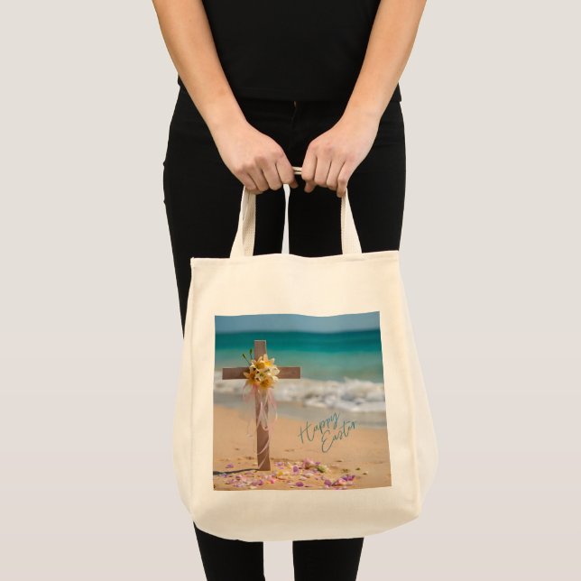 Tote Bag Happy Easter Wooden Cross with Lilies on Beach (Devant (produit))