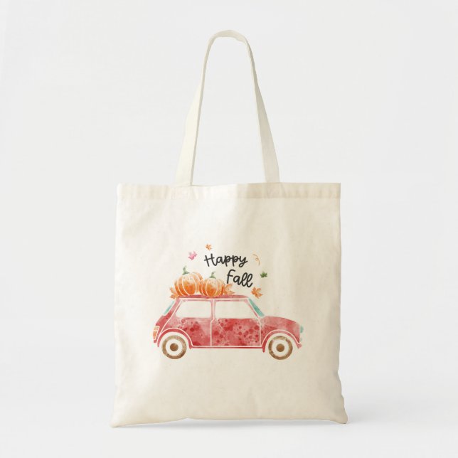 Tote Bag Happy Fall avec Pink Car et Citrouilles (Devant)