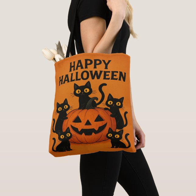 Tote Bag Happy Halloween Chat noir et Citrouille (De près)