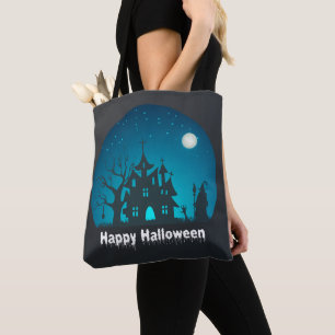 Tote Bag Happy Halloween Maison hantée bleue et noire