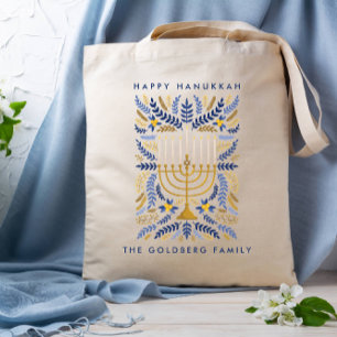 Tote Bag Happy Hanoukka Festive Aquarelle Menorah FOLIAGE
