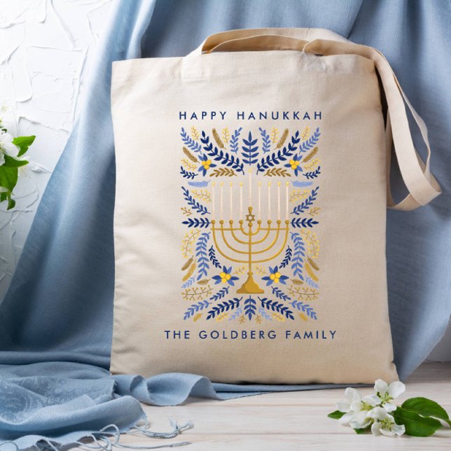 Tote Bag Happy Hanoukka Festive Aquarelle Menorah FOLIAGE (HAPPY HANUKKAH BAG WITH MENORAH AND WHEAT LEAVES AND FOLIAGE BLUE LIGHT BLUE GOLD)