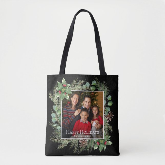 Tote Bag Happy Holidays Photo Wreath Botanical (Devant)