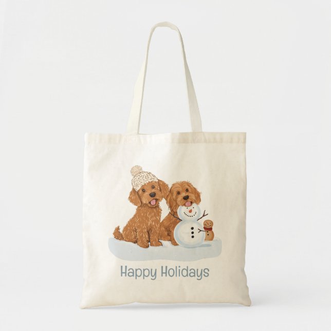 Tote Bag Happy Holidays Winter Goldendoodle Dog Snowman (Devant)