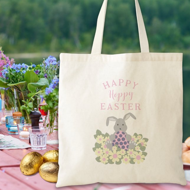 Tote Bag Happy Hoppy Pâques mignonette lapin floral (Happy hoppy easter egg hunt cute bunny spring daisy floral pink tote bag)