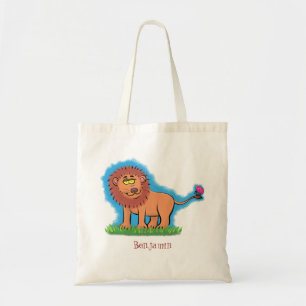 Tote Bag Happy lion with butterfly cartoon illustration