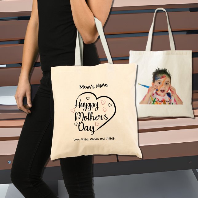 Tote Bag Happy Mothers Day Heart Photo personnalisable (Créateur téléchargé)