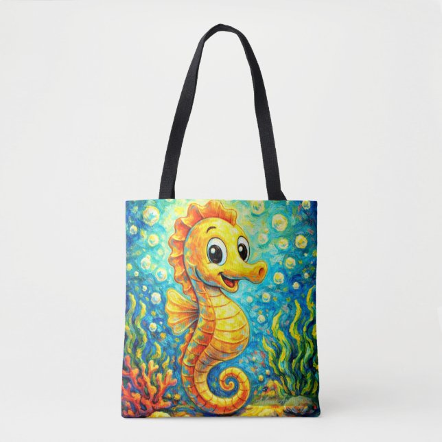 Tote Bag Happy Seahorse Underwater Art - Kids Ocean (Devant)