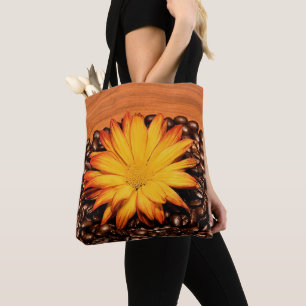 Tote Bag Haricots Brown au café, marguerite jaune