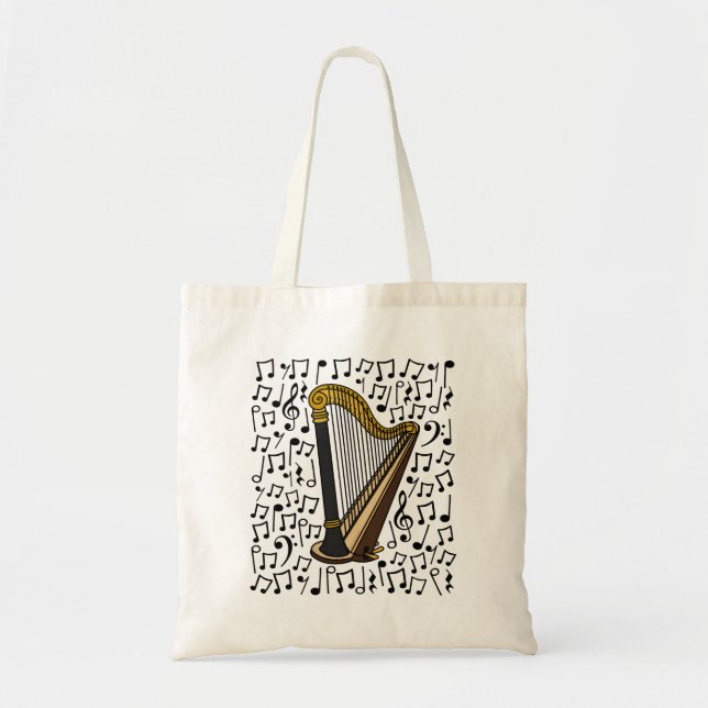 Tote Bag Harp Musical Notes, Harpist Music Teacher (Devant)
