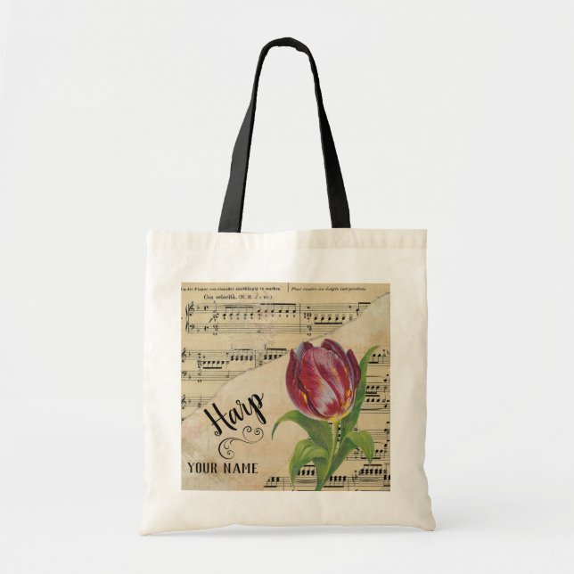 Tote Bag Harp Tulip Vintage Partition Musique Customisée (Devant)