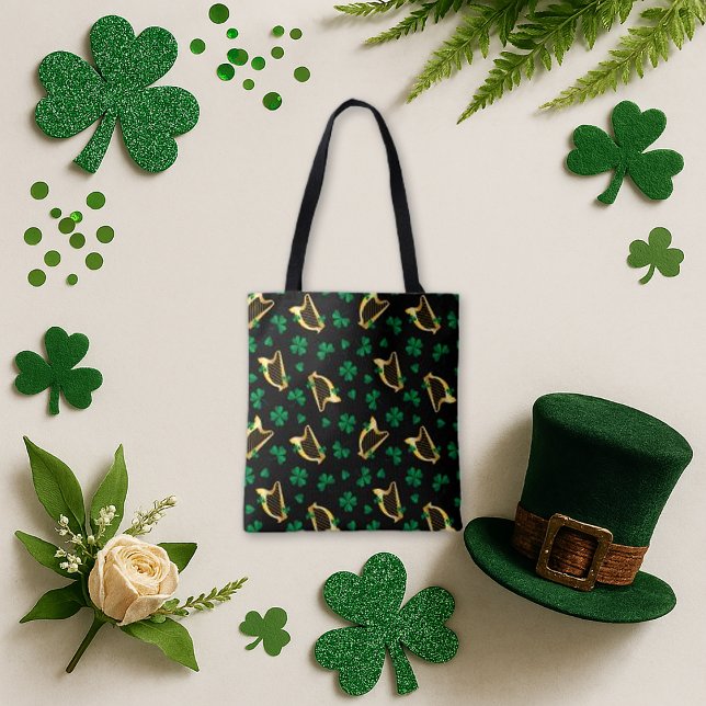 Tote Bag Harpe irlandais et Motif Shamrock noir (Créateur téléchargé)