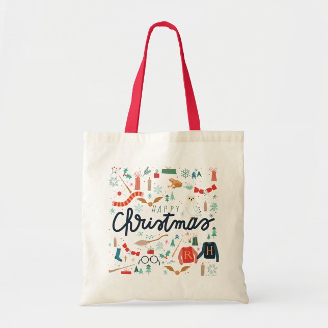 Tote Bag Harry Potter | Joyeux Noël Avec Icônes Festives (Devant)