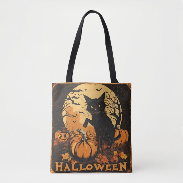 Tote Bag Hauning Chat noir sur Citrouille avec lune et chau (Devant)
